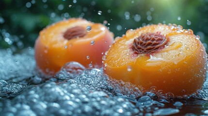 Poster -  a couple of oranges sitting on top of a table covered in drops of water on top of a black surface with a green tree in the back ground in the background.