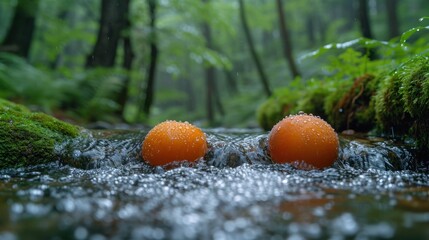 Poster -  two oranges sitting in the middle of a stream in the middle of a forest filled with green mossy trees and a few drops of water on the surface.