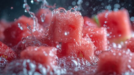 Poster -  a pile of watermelon cubes sitting on top of a pile of watermelon cubes next to a pile of other watermelon cubes.