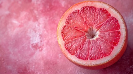 Sticker -  a close up of a grapefruit cut in half on a pink surface with water droplets on the top of the grapefruit and the whole grapefruit.