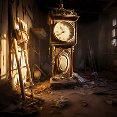 Grandfather clock in a dusty forgotten attic.