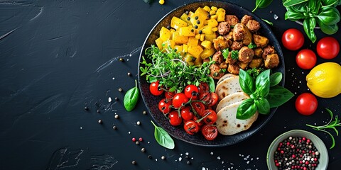 Wall Mural - Healthy balanced lunch, combination of proteins and carbohydrates, tomatoes, chicken, mozzarella, healthy food, healthy lifestyle, wallpaper, background.