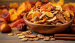Mix of dried fruits and nuts on brown wood background, healthy food, super food, delicious