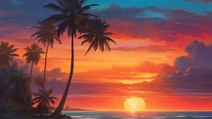 Wall Mural - a beach with palm trees and sunset view
