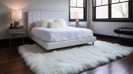 Sticker - Detailed image of a soft, shaggy area rug on a sleek, dark laminate floor in a chic bedroom