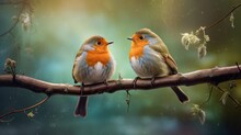 Two Robin Birds On Branch, Nature, Bird Photography, Copy Space, 16:9