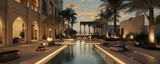 Fototapeta  - getaway destination of luxury resort hotel or palace garden landscaping design with arcade arcs and pool water feature for Arabia classic exotic tourism architecture design as wide banner