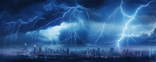 Lightning Storms Or Striking Over Night City In Blue Light.