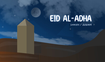 Eid al adha. template design with sky, moon and desert views, vector design of Ramadan greeting banner design, muslim, with light gradient.