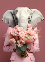 An Elephant Holding Bunch Of Flowers, Creative Holiday Greeting Card Design, Valentine Day Concept