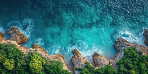 Wall Mural - A top-down view of the stunning coastline with turquoise waters, rocky cliffs and a beautiful beach that evokes the feeling of summer and vacation.
