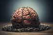 A human brain on a table and bound with chains.

