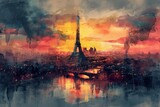 Fototapeta Paryż - Eiffel Tower Symbol of France Illustration. French Symbolism by watercolor paint Illustration.