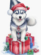A cute Christmas husky puppy wearing a Santa Generative AI