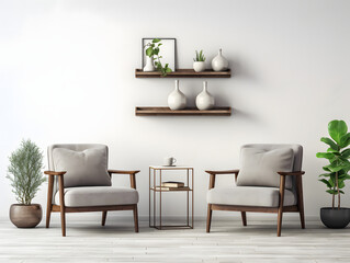 Beautiful living room with two chairs next to a wooden shelf in front of a white wall