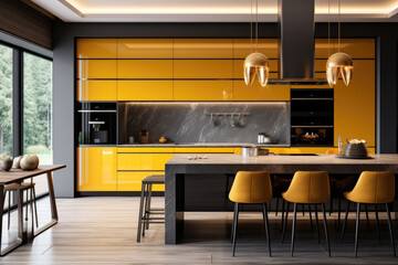 Canvas Print - Modern minimal kitchen interior design with luxury dining table and yellow color