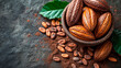 Freshly picked cacao beans, cocoa powder and green leaves in wood plate in dark culinary table background, top view.