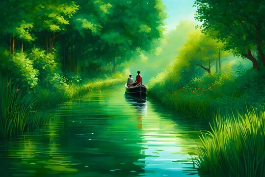 A narrow boat glides through a thin canal in the heart of a verdant landscape