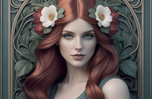 Vintage Portrait Of A Beautiful Red-haired Girl In Art Nouveau Style.