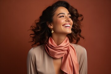 An elegant and attractive lady in a silk scarf radiates joy and fashion, showcasing a carefree attitude.