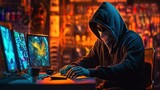 Fototapeta Fototapety z końmi - Anonymous man in a black hoodie and neon mask hacking generative ai