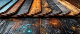 Fototapeta  - Top view of Samples of laminate and vinyl floor tile on black wooden background, generative ai