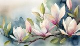 Fototapeta Kwiaty - Pastelowa akwarela. Magnolie, dekoracja tapeta. Generative AI