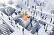 People collaborating on a project, sharing ideas, office workers are running up and down stairs in an abstract business environment with big puzzle in the centre. 3D rendering