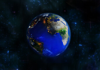Wall Mural - Beautiful planet Earth in space surrounded by stars and galaxies. 3D rendering illustration