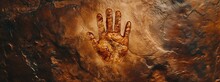 Beautiful Metal And Stone Golden Brown Background, Rock Cave Handprint Carved Or Painted On The Wall, Human Hand Print Outline Or Contours Centered Mural Painting, Ancient Fresco Wallpaper, Stop Sign