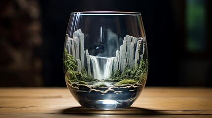 Wall Mural - A waterfall view inside a glass of water - Generative AI