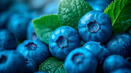Fresh juicy blueberries with green leaves on blue background. Healthy berry, organic food, antioxidant, vitamin, blue food. 