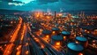 Aerial view of big  oil refinery plant at night with beautiful lights. Industrial landscape.