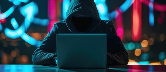 Poster - Anonymous hacker using laptop for cybercrime and hacking.