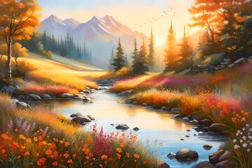 A narrow stream of water in mountains, peacefully flowing through a meadow adorned with vibrant wildflowers