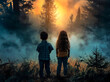 A little girl and a boy are alone in a terrible forest in the evening, standing and looking into the distance. The children got lost