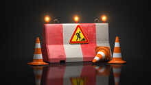 Under construction web site design. Road sign on barrier with traffic cones indicated reconstruction or rebuilding process.