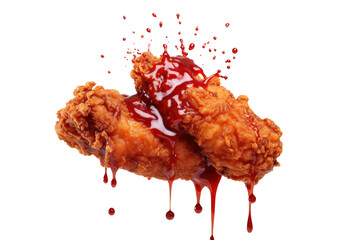 Wall Mural - Fried Chicken piece coat with flour or batter that dipping with tomato or ketchup sauce isolated on transparent png background, yummy fast food, fried with perfect flavor ingredients.