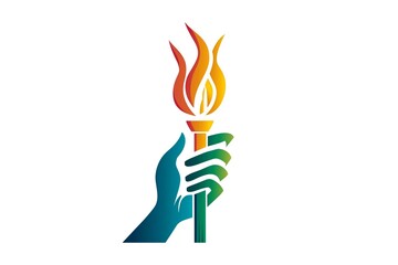 A hand holding a burning faker, the Olympic flame icon sign, the concept of the international Sports Games