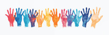 Colorful, Joyful Horizontal Decorative Banner On Transparent Background With Hands Of Different Colors, Fun Multicolored Handprints, Diversity, Friendship And Solidarity, Mutual Aid And Teamwork 