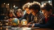 Five children are looking at a globe at a table