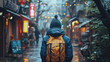 © lensofcolors - Rear view of lonely tourist in the rain walks on the deserted street with his backpack on his back on blurred background of a city. Travel and adventure concept. Ai generated
