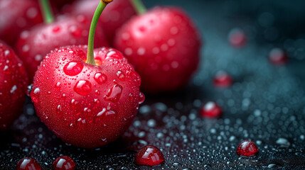 Wall Mural - Close-up of ripe fresh red cherries. Cherry on a black background. Wet cherry with leaves and drops. 