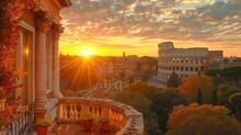 Landscape Scene Of Colosseum At The Sunset Time, View From Inside Decorate Home Apartment, Window And Balcony View, Holiday And Tourist Concept ,generative Ai