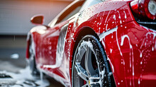 Professional Car Wash Red Sportscar With Shampoo Close-up