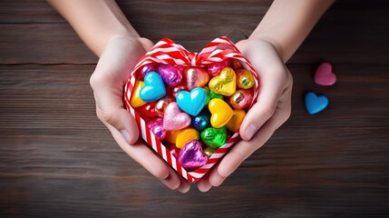 Wall Mural - Colorful assortment of candies, wrapped in vibrant paper, arranged in a heart shape with a hand extending towards it, ready to share the sweet delight, Generative Ai 