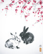  Sumi-e artwork featuring a rabbit and blooming sakura. Translation of hieroglyph - joy