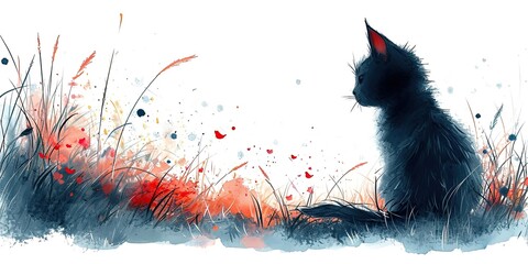 Wall Mural - A painting of a cat sitting in the grass