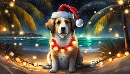 Canvas Print - dog with santa hat on beach night christmas scene 