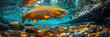 Salmon swims in the waters of a clear river with stones and aquatic plants.